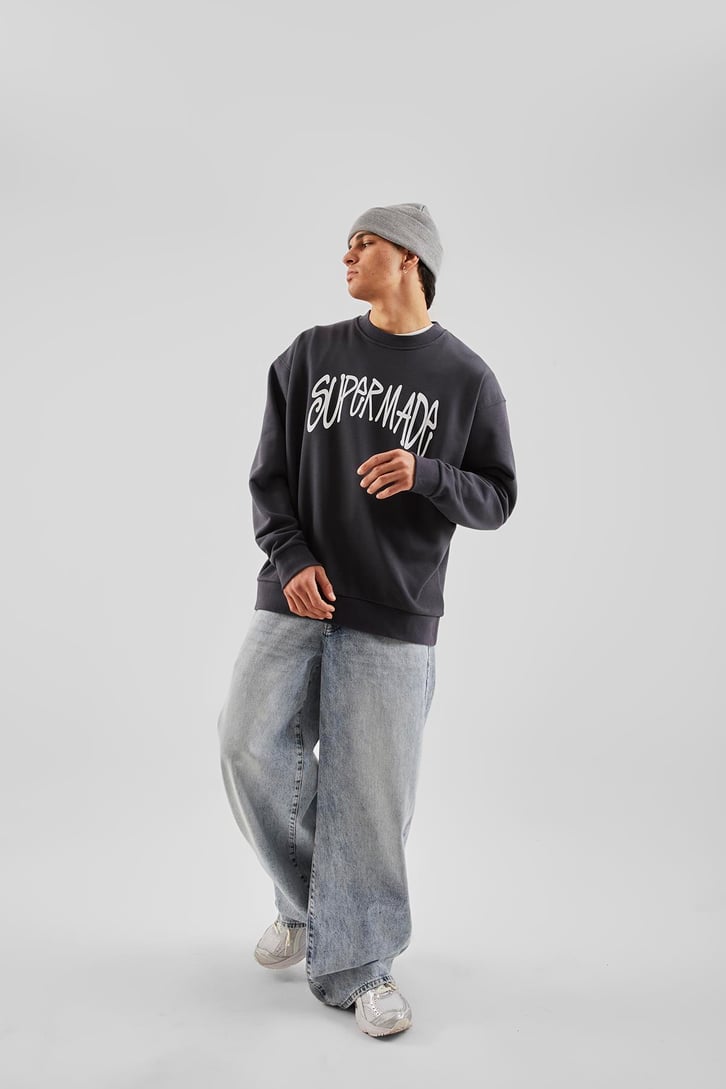 Supermade Baskılı Antrasit Oversize Sweatshirt