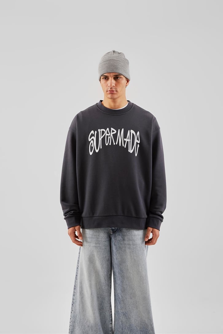 Supermade Baskılı Antrasit Oversize Sweatshirt
