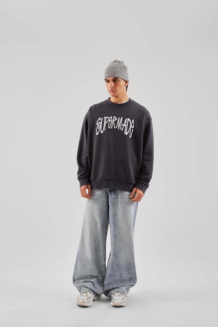 Supermade Baskılı Antrasit Oversize Sweatshirt