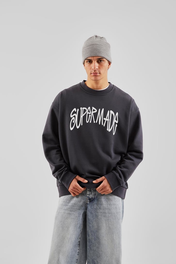 Supermade Baskılı Antrasit Oversize Sweatshirt
