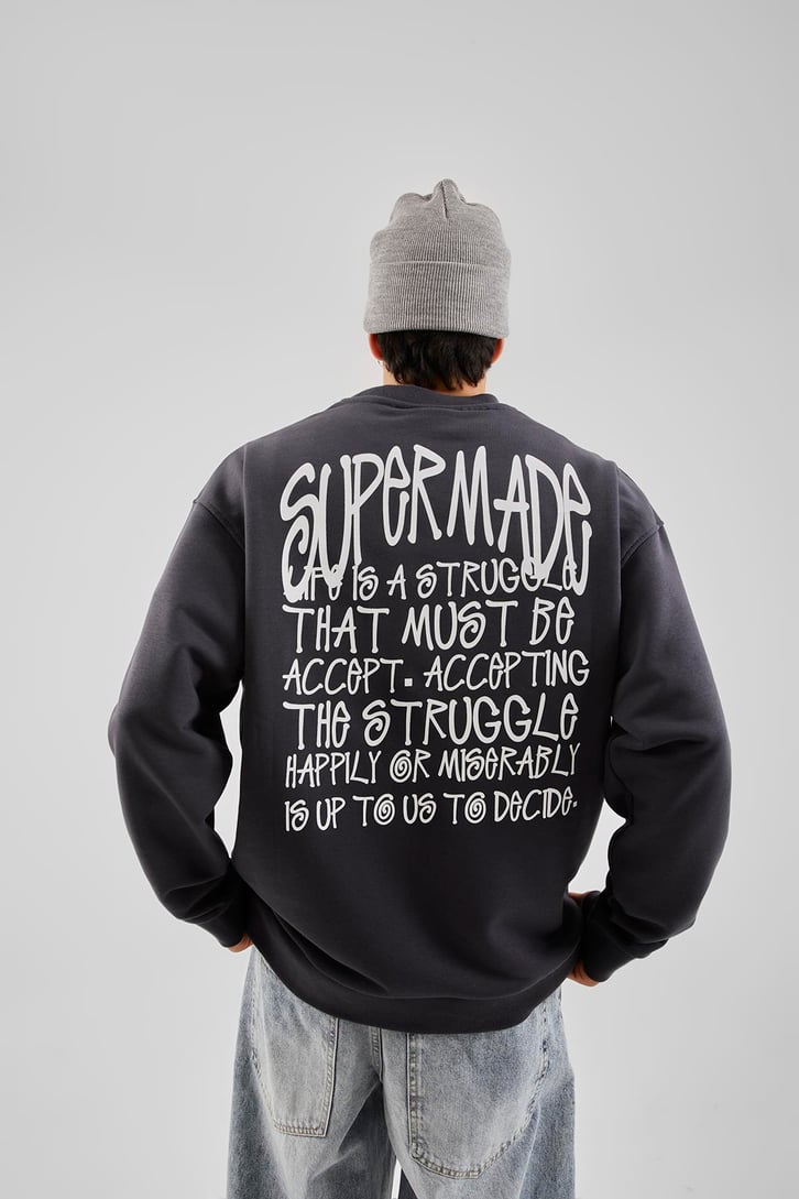 Supermade Baskılı Antrasit Oversize Sweatshirt
