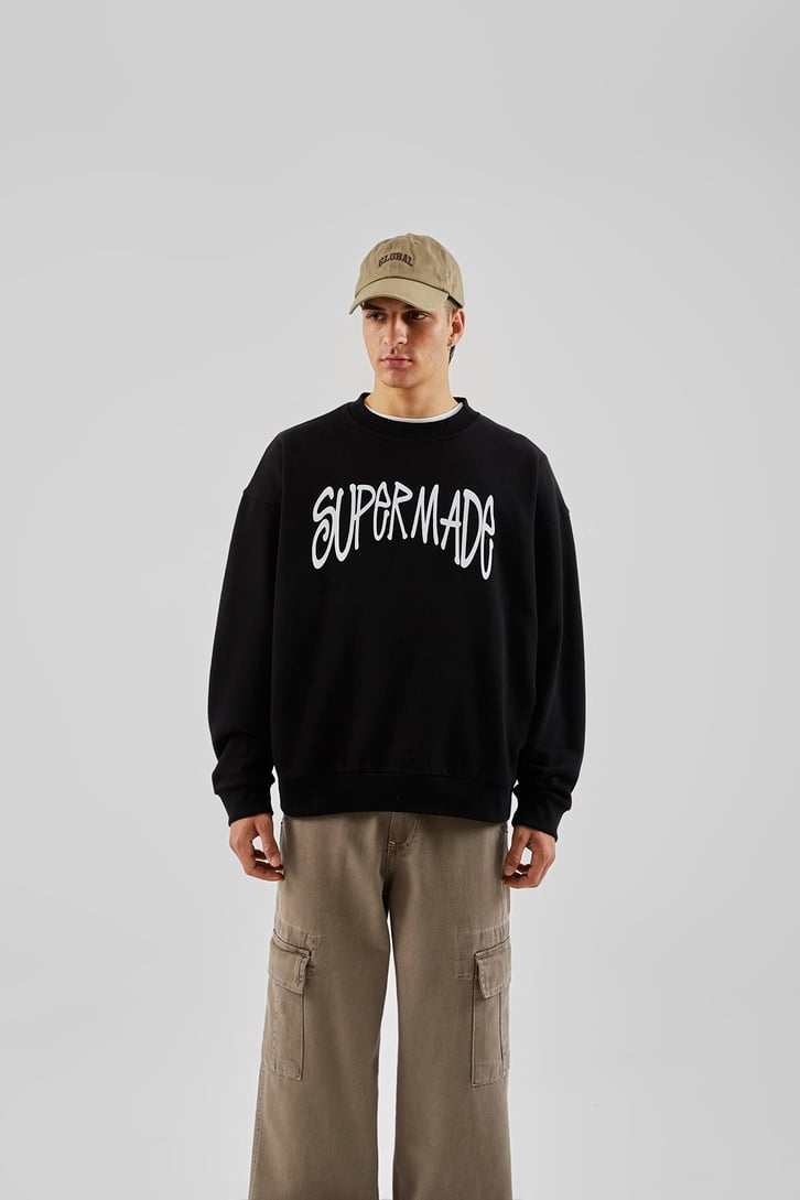 Supermade Baskılı Siyah Oversize Sweatshirt