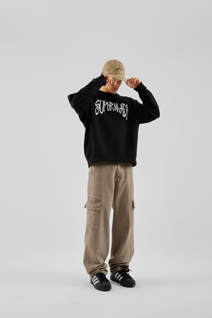 Supermade Baskılı Siyah Oversize Sweatshirt