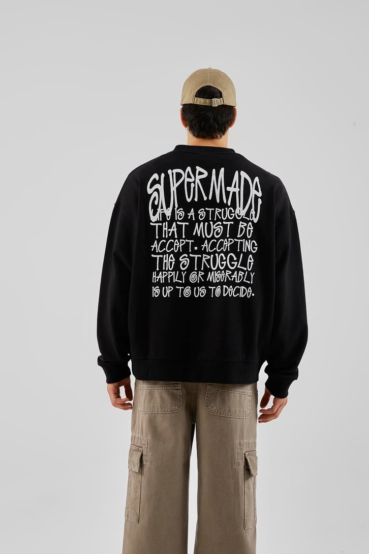 Supermade Baskılı Siyah Oversize Sweatshirt