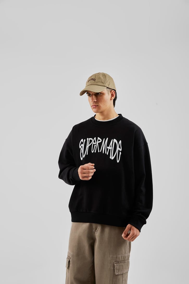 Supermade Baskılı Siyah Oversize Sweatshirt