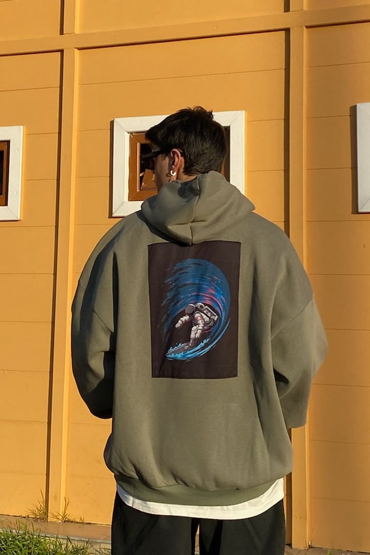 Surf in Space Oversize Printed Khaki Hoodie