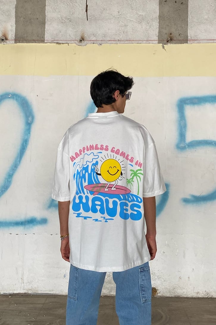Surfing Sun Baskılı Beyaz Oversize Tshirt