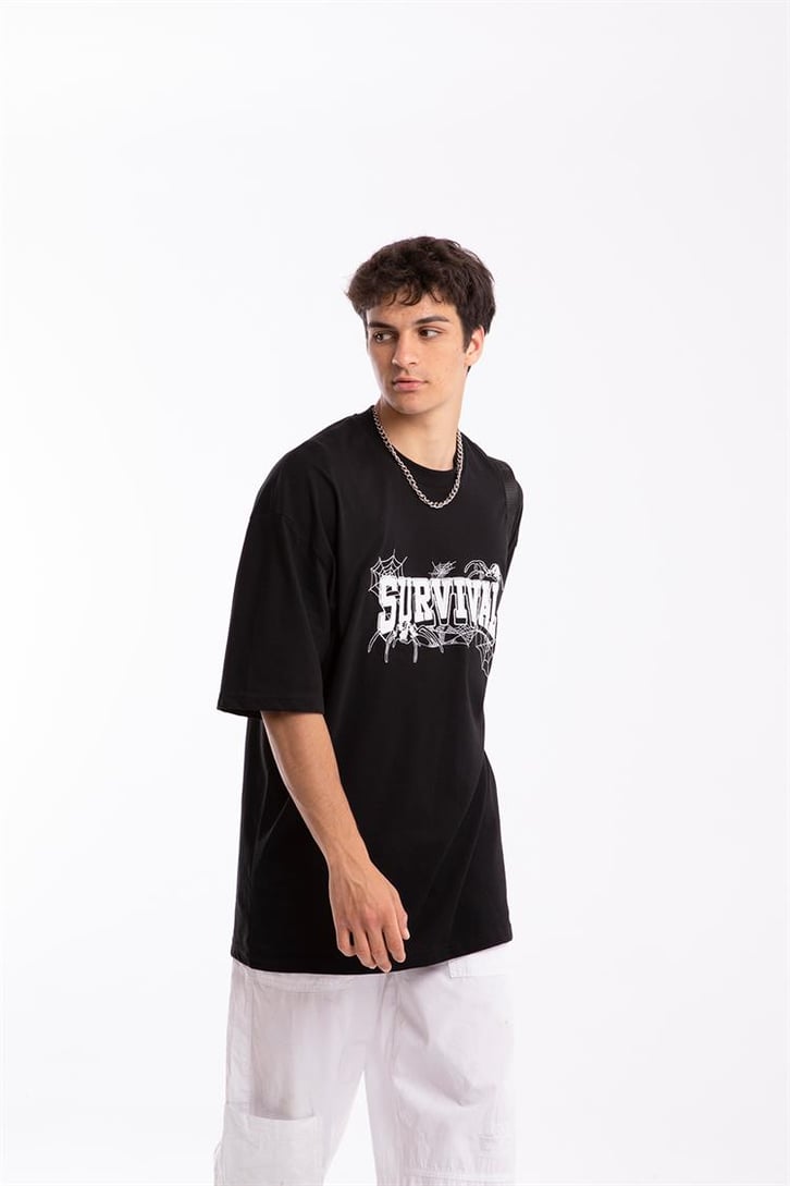 Survival Nakışlı Siyah Oversize Tshirt