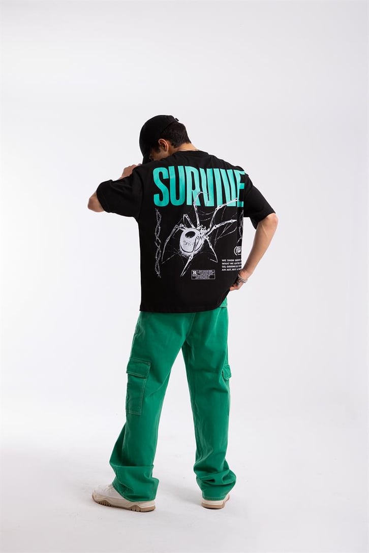 Survive Sırt Baskılı Siyah Oversize Tshirt