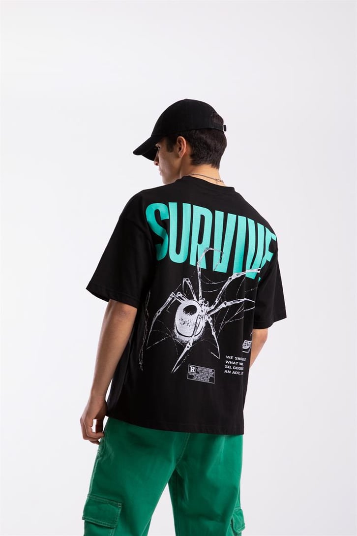 Survive Sırt Baskılı Siyah Oversize Tshirt