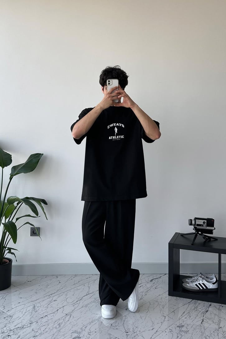 Sweats Baskılı Siyah Oversize Tişört