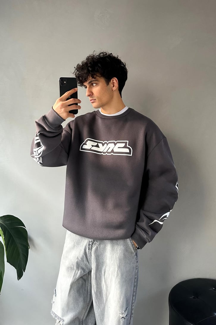 Sync Baskılı Oversize Bisiklet Yaka Sweatshirt
