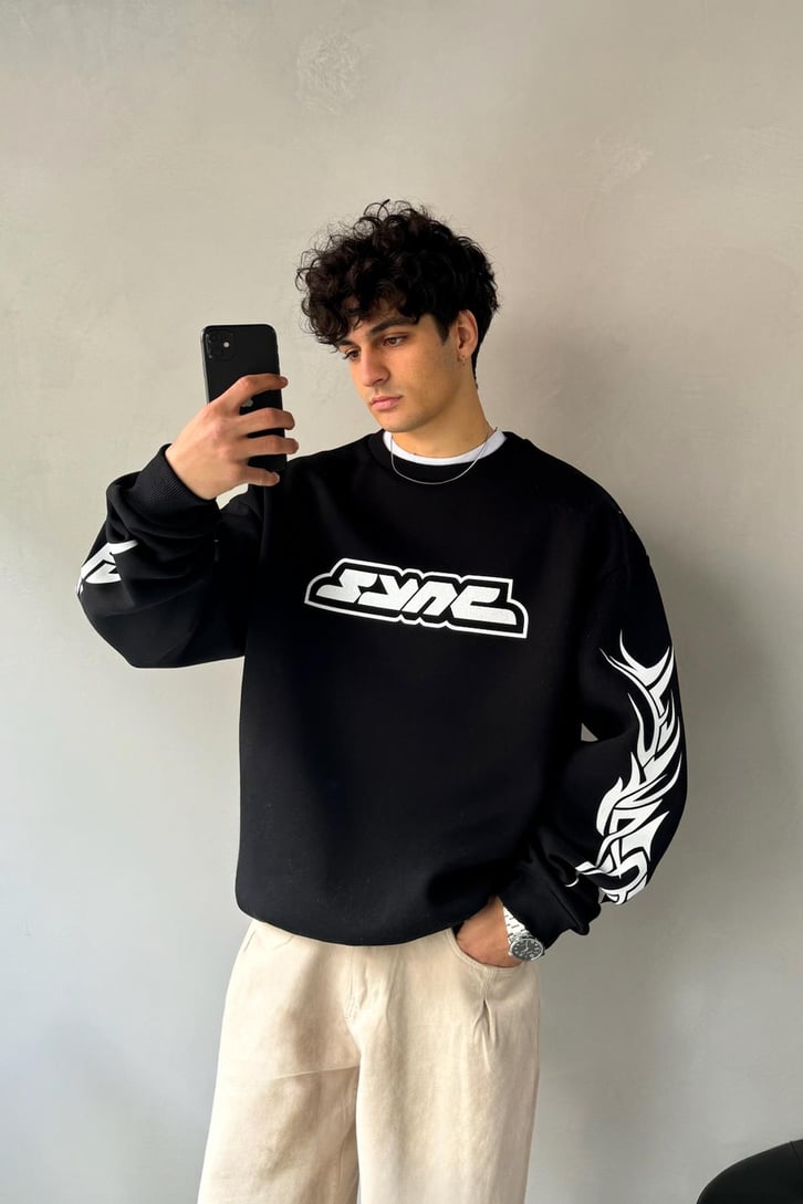 Sync Baskılı Oversize Bisiklet Yaka Sweatshirt