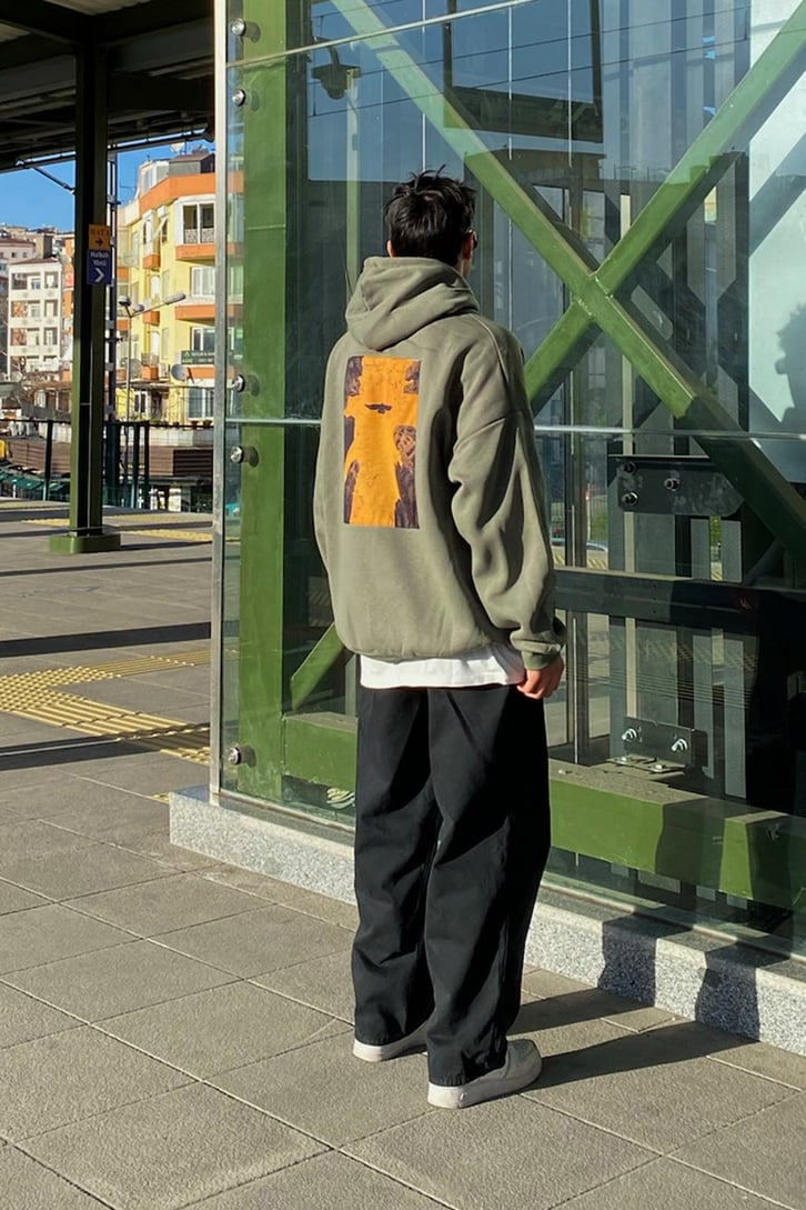 Synchronization Khaki Printed Oversize Hoodie
