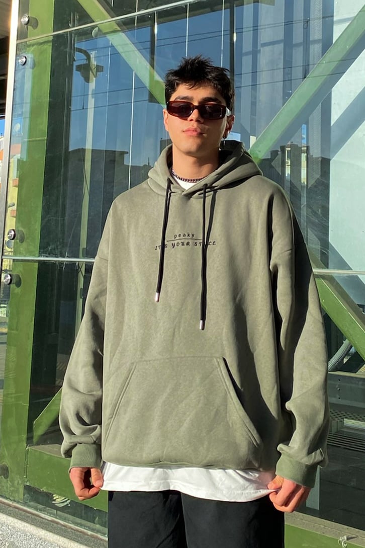 Synchronization Khaki Printed Oversize Hoodie