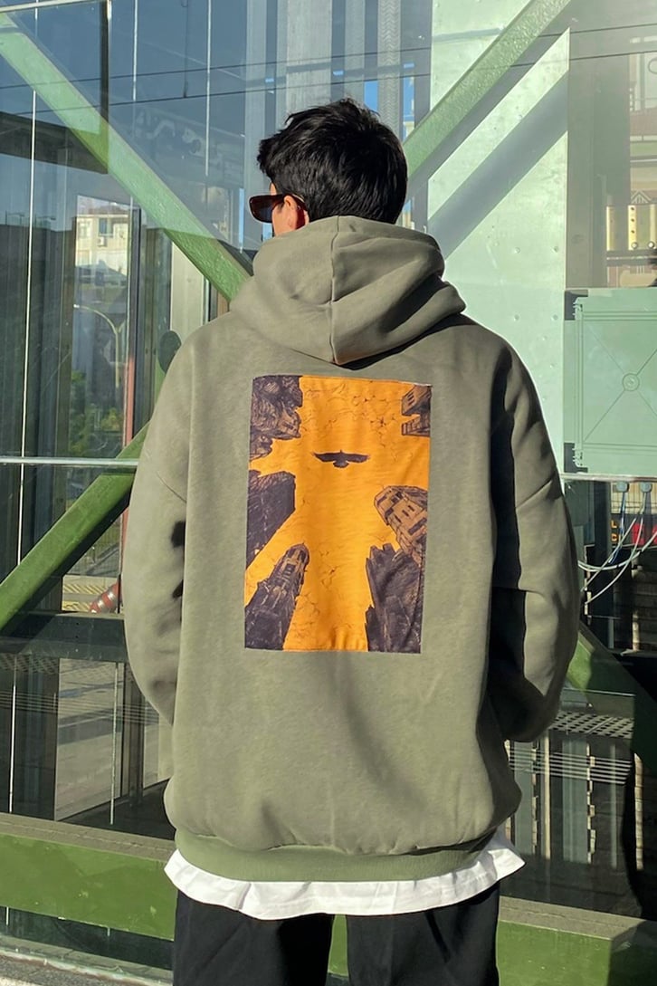 Synchronization Khaki Printed Oversize Hoodie