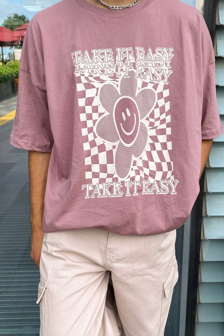 Take it Easy Baskılı Gül Kurusu Oversize Tshirt