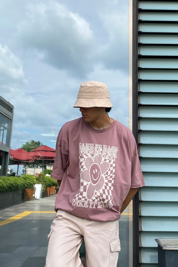 Take it Easy Baskılı Gül Kurusu Oversize Tshirt