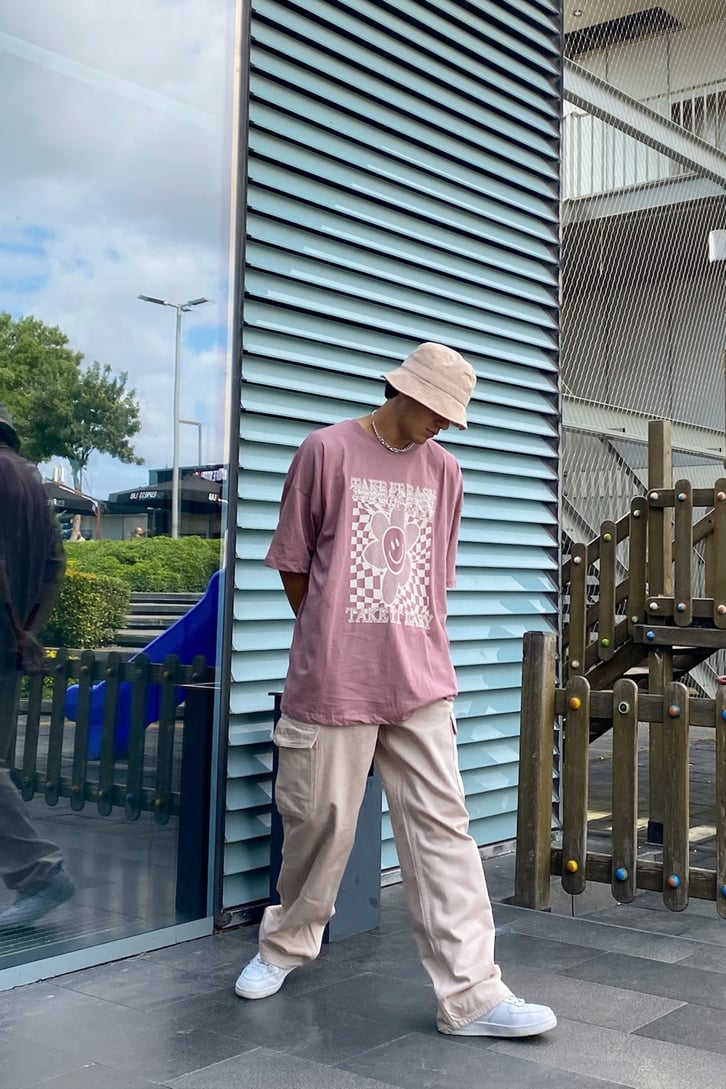 Take it Easy Baskılı Gül Kurusu Oversize Tshirt