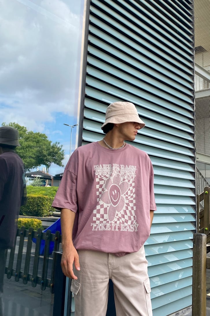 Take it Easy Baskılı Gül Kurusu Oversize Tshirt