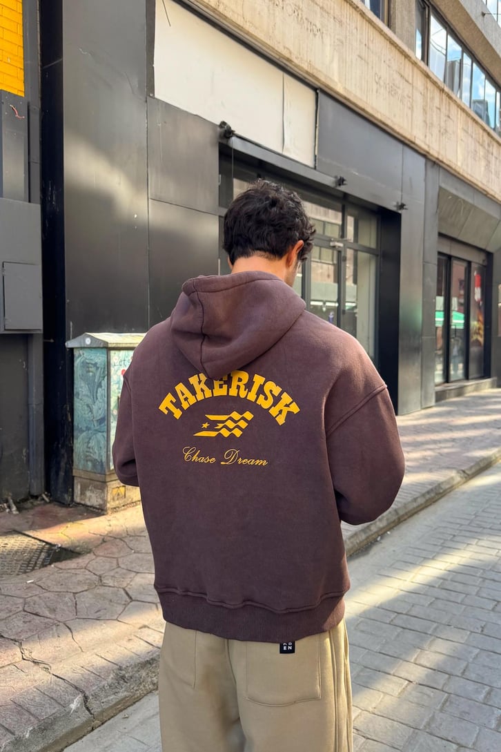 Takerisk Baskılı Kahverengi Hoodie