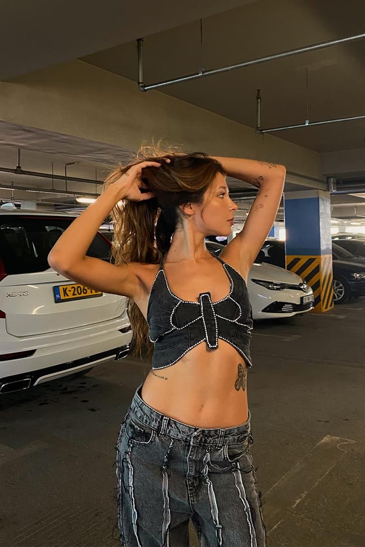 Taş İşlemeli Antrasit Denim Crop