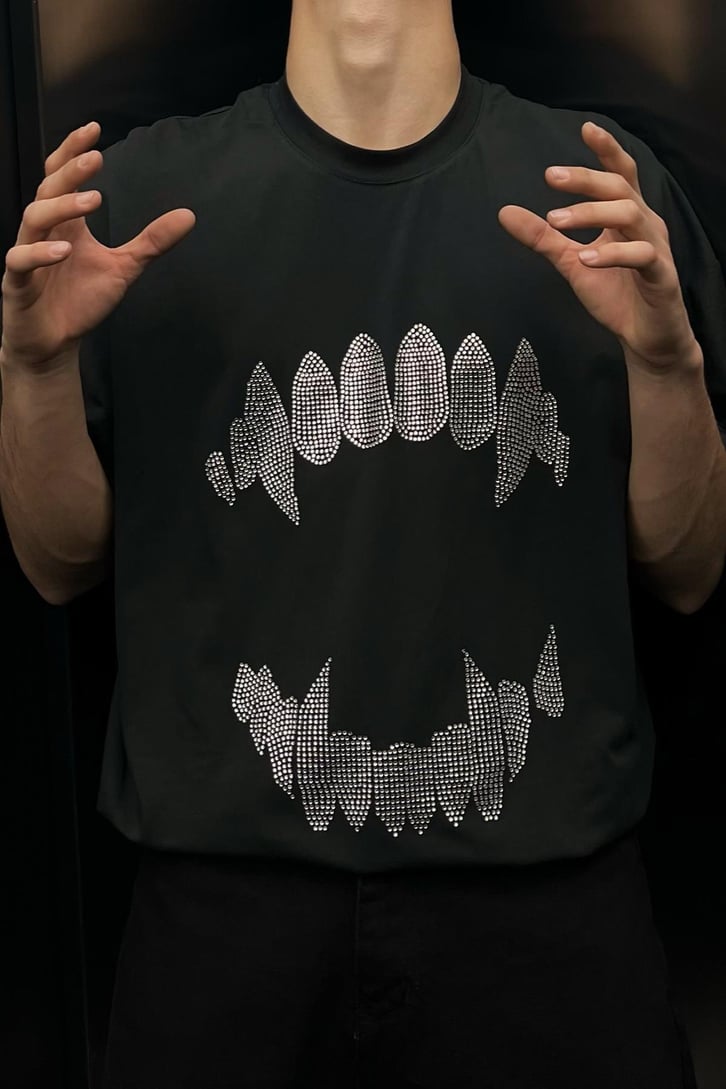 Taş İşlemeli Antrasit Oversize Tshirt