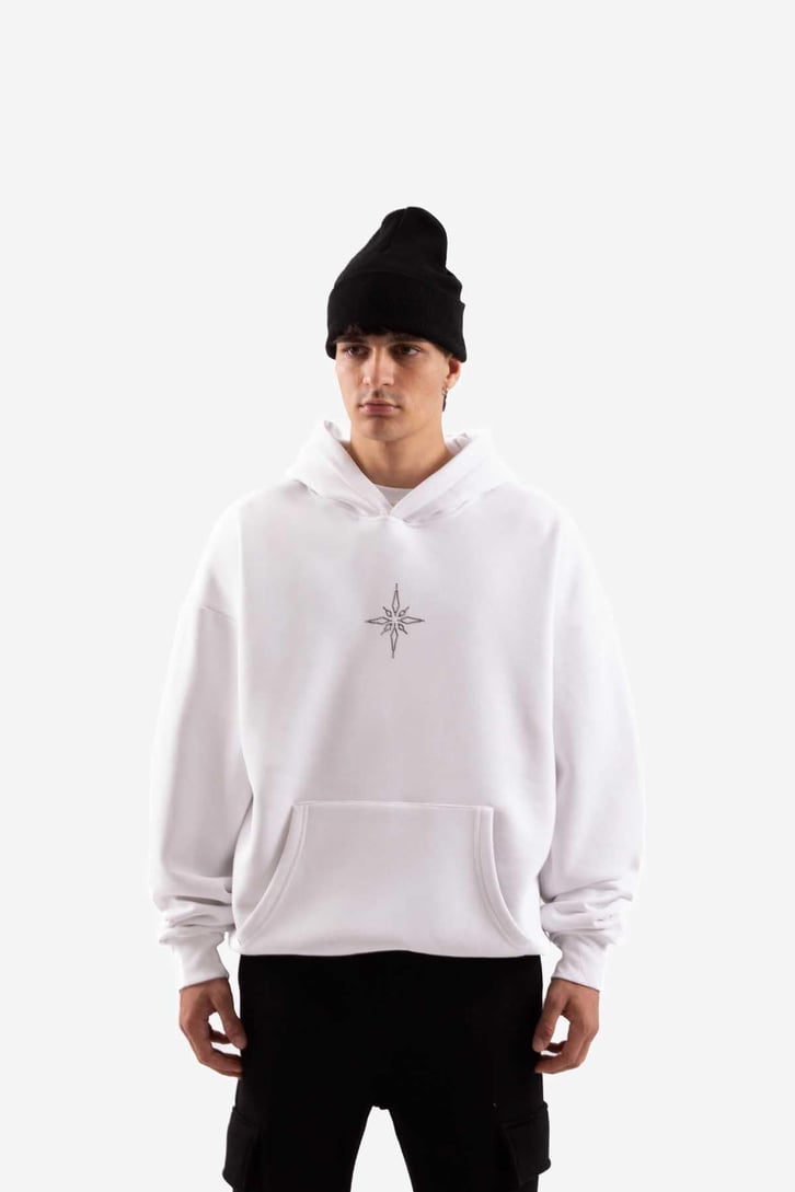 Taş İşlemeli Beyaz Ovesize Hoodie