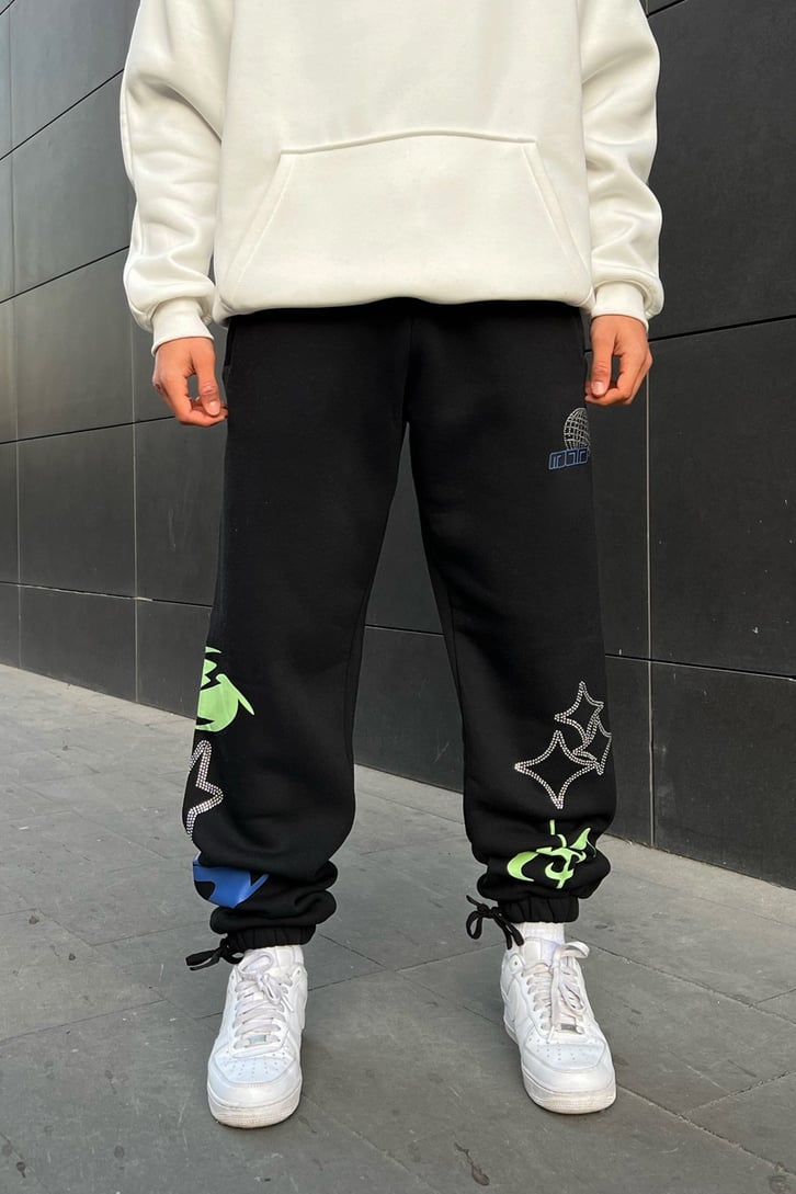 Taş İşlemeli Siyah Jogger Fit Eşofman Altı