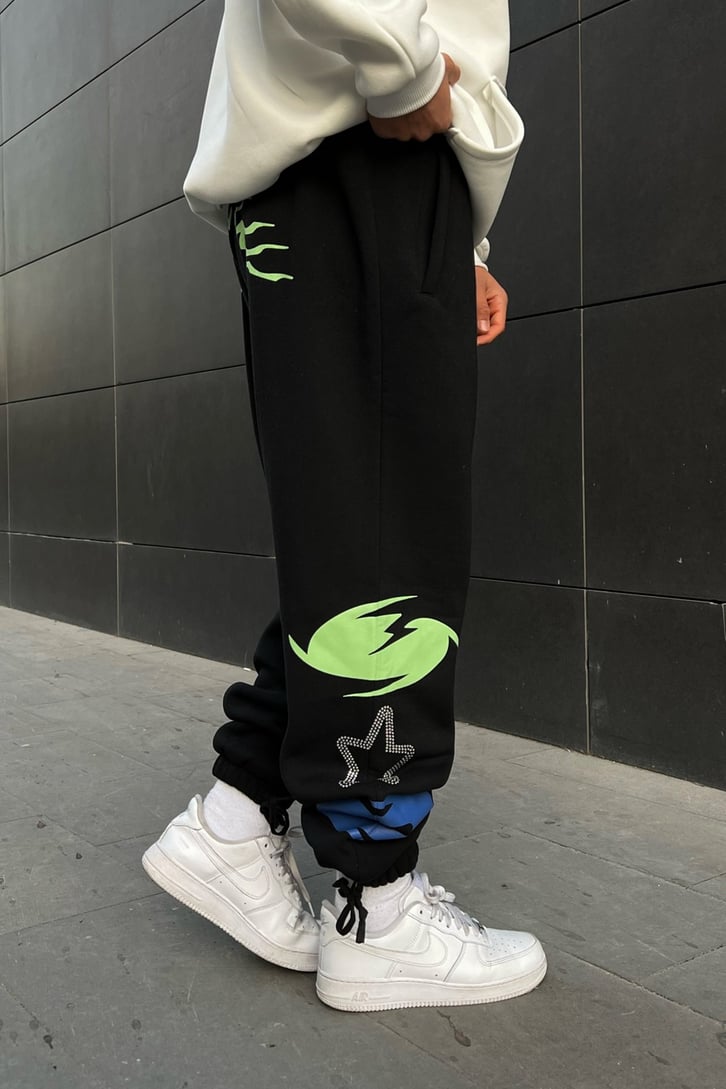 Taş İşlemeli Siyah Jogger Fit Eşofman Altı
