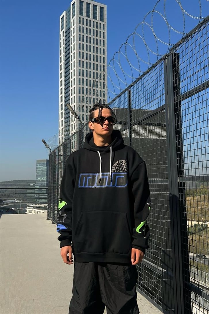 Taş İşlemeli Siyah Oversize Hoodie