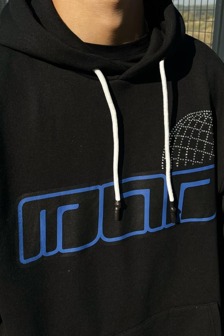 Taş İşlemeli Siyah Oversize Hoodie