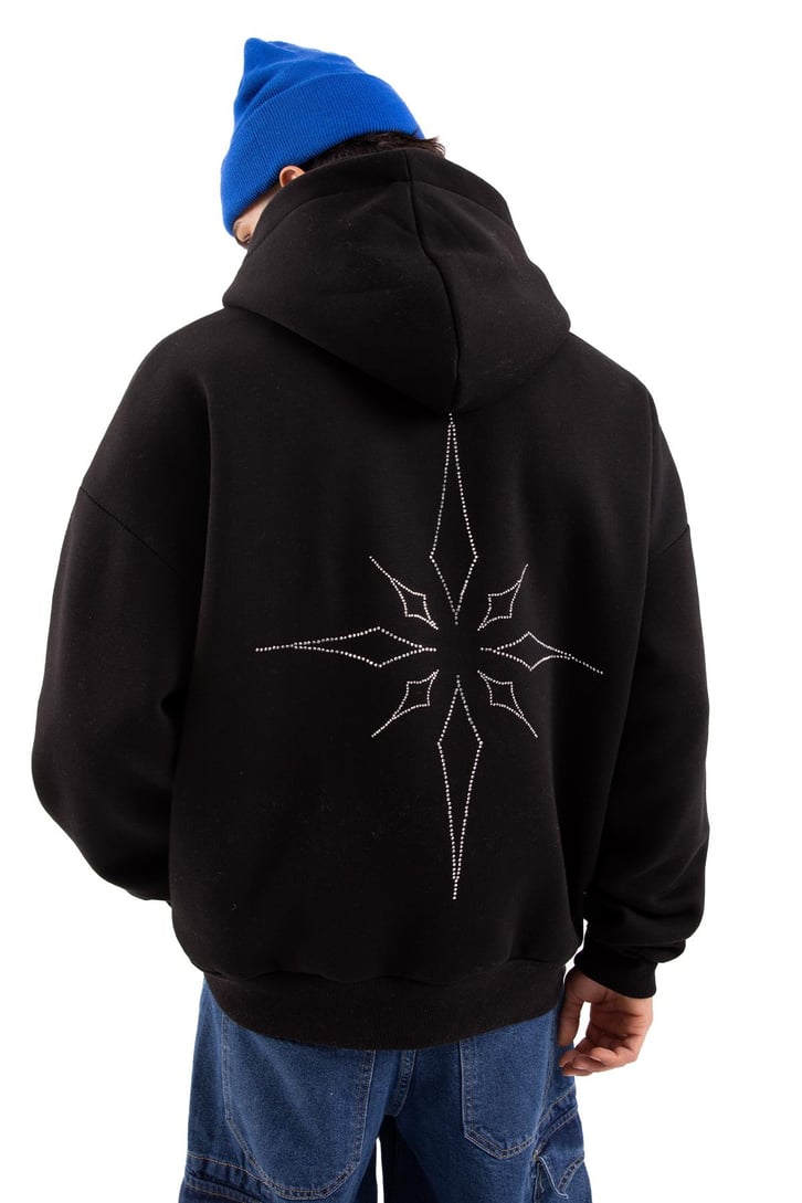 Taş İşlemeli Siyah Ovesize Hoodie