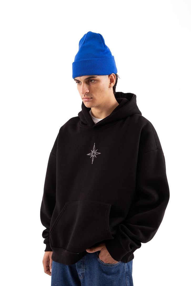 Taş İşlemeli Siyah Ovesize Hoodie
