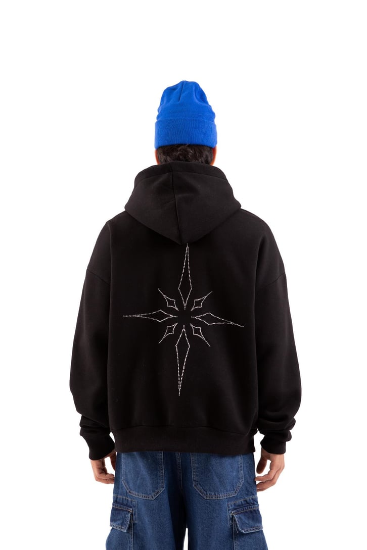 Taş İşlemeli Siyah Ovesize Hoodie