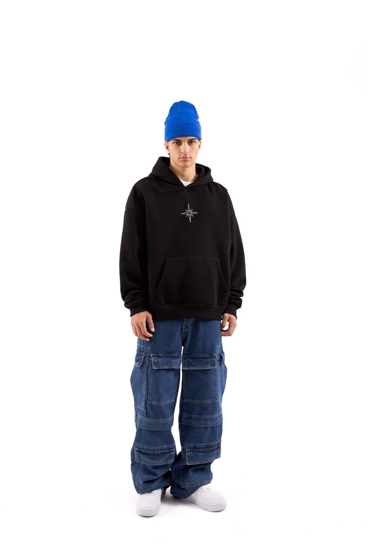 Taş İşlemeli Siyah Ovesize Hoodie