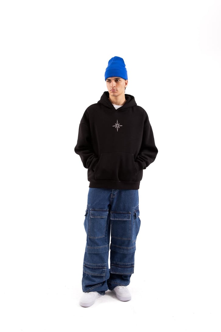Taş İşlemeli Siyah Ovesize Hoodie