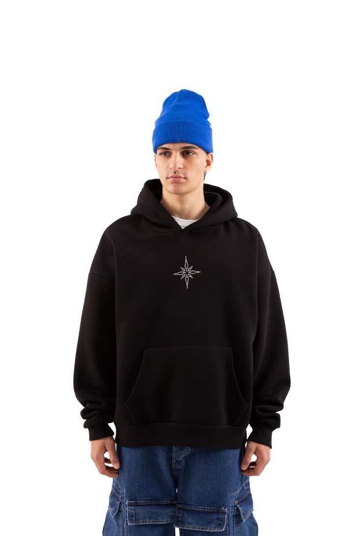 Taş İşlemeli Siyah Ovesize Hoodie