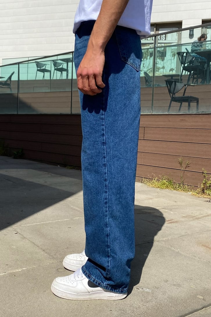 Taşlamalı Koyu Mavi Baggy Jean