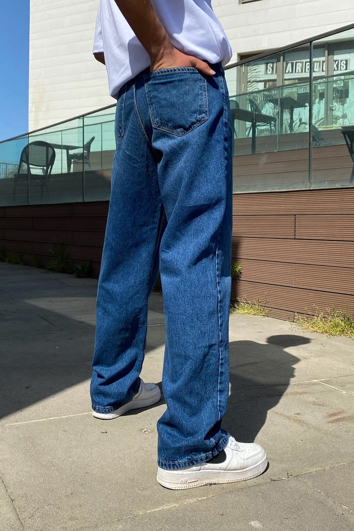 Taşlamalı Koyu Mavi Baggy Jean