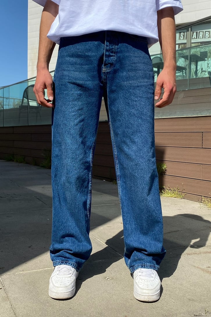 Taşlamalı Koyu Mavi Baggy Jean