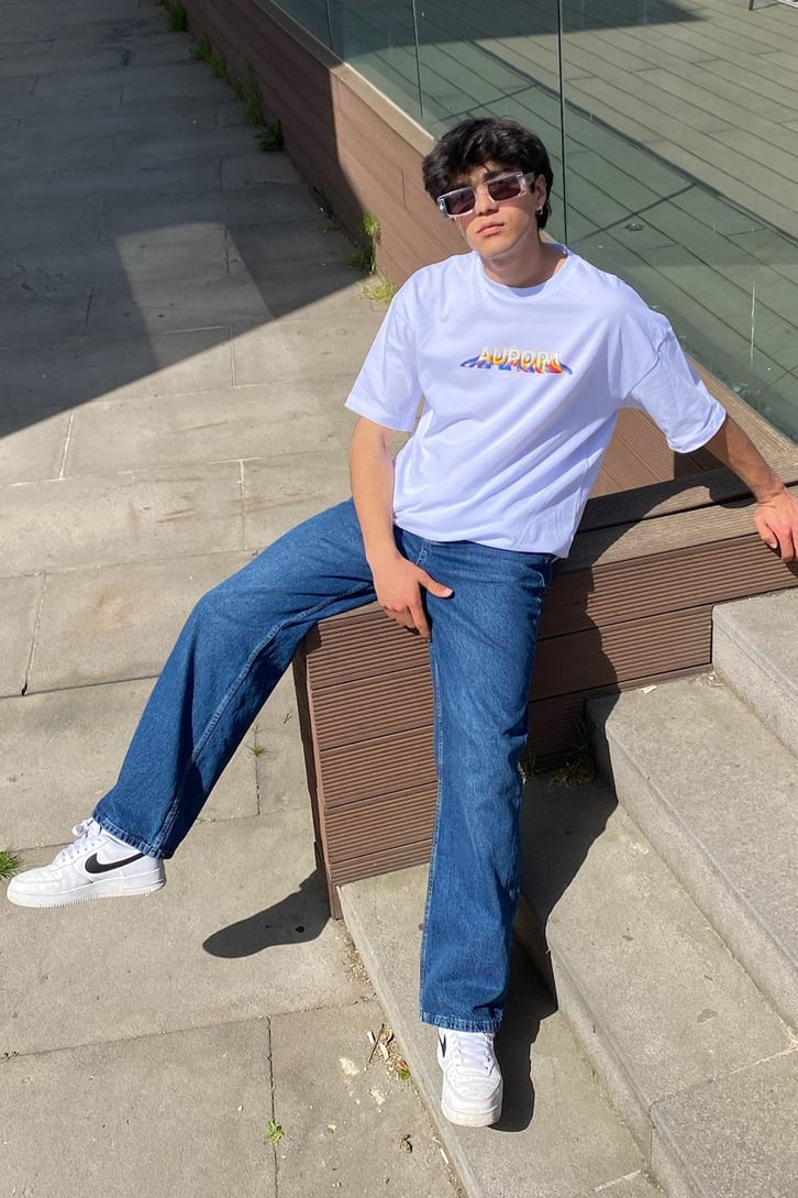 Taşlamalı Koyu Mavi Baggy Jean