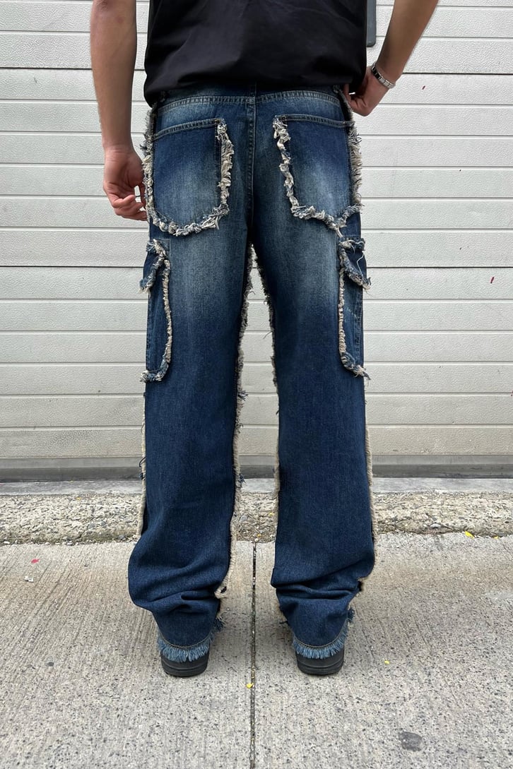 Tassel Pocket Koyu Mavi Baggy Jean