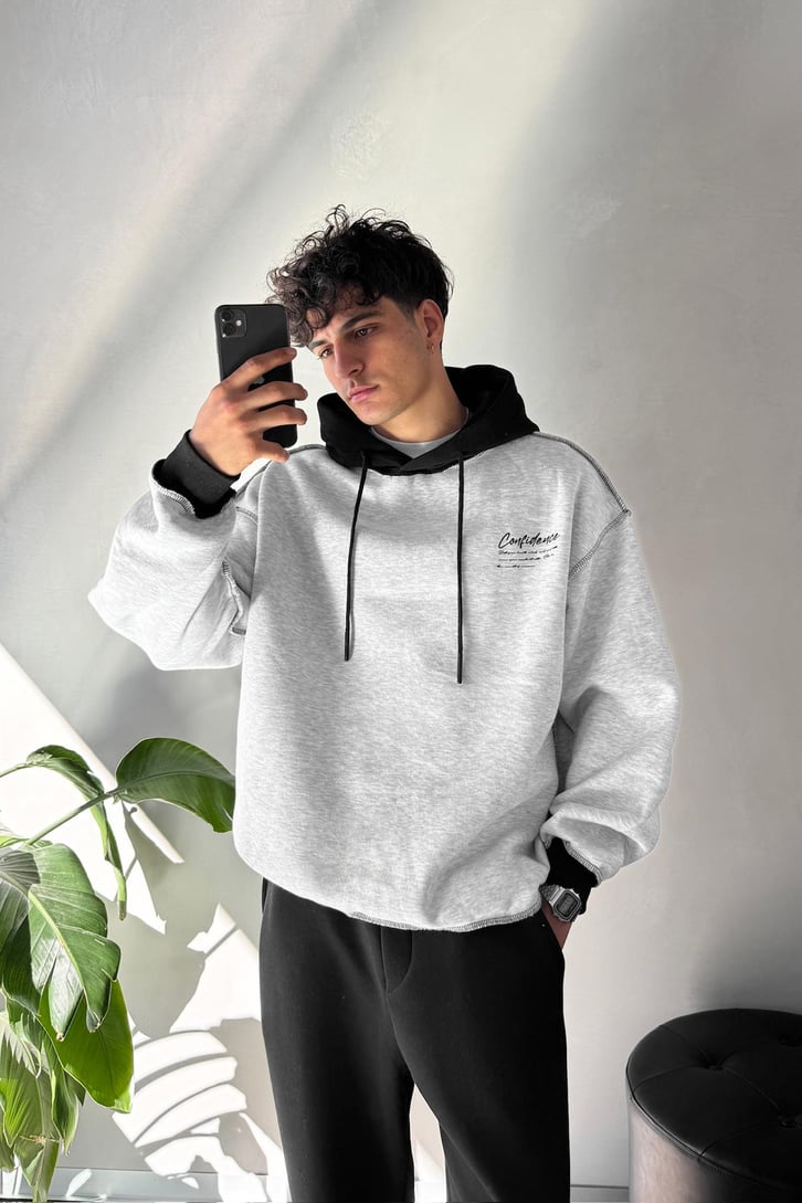 Ters Dikiş Confidence Baskılı Oversize  Hoodie