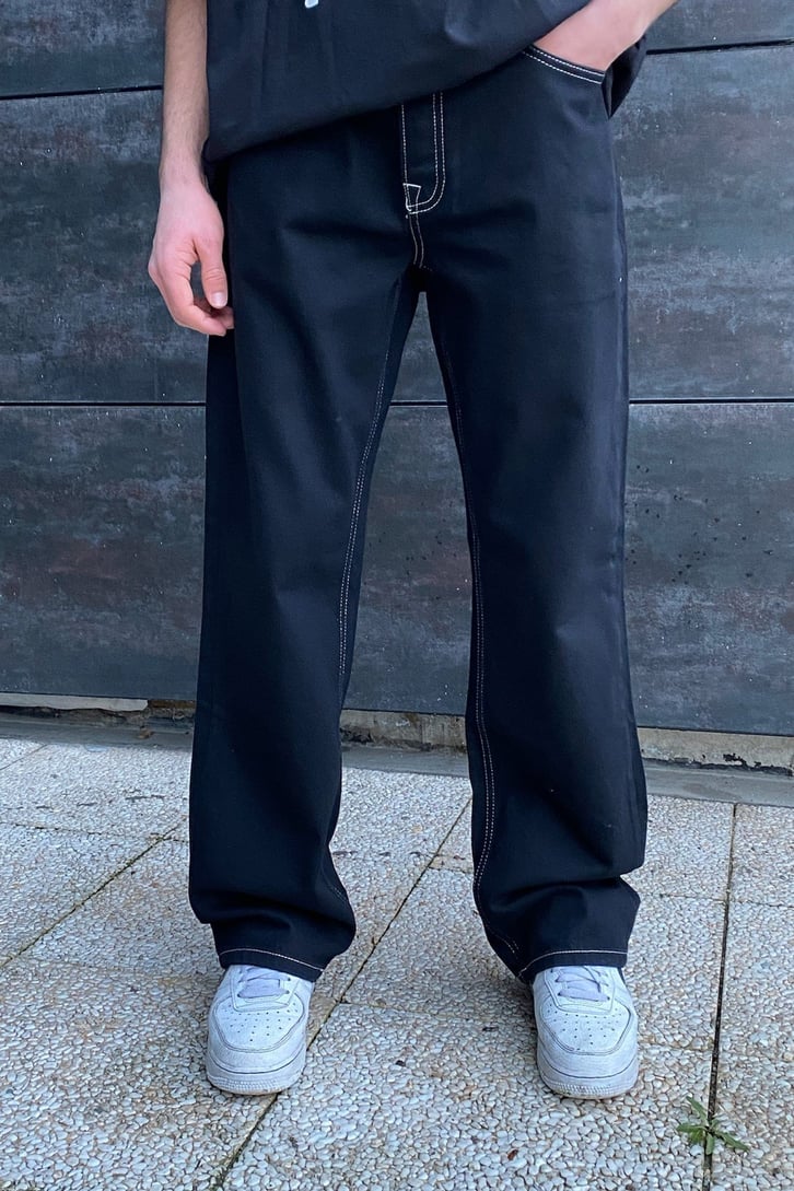 Ters Dikiş Detay Siyah Baggy Fit Jean