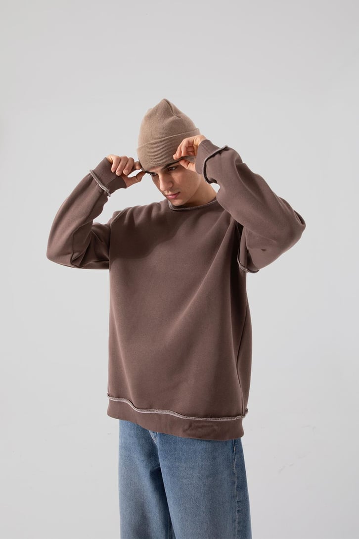 Ters Dikiş Kahverengi Oversize Sweatshirt