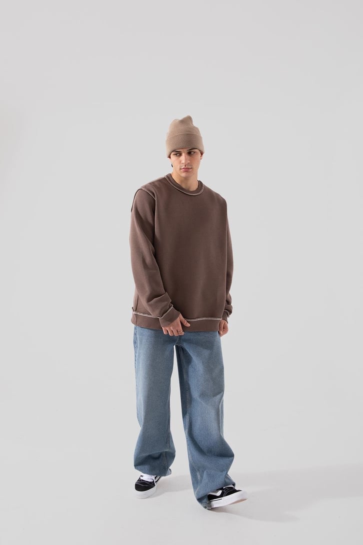 Ters Dikiş Kahverengi Oversize Sweatshirt