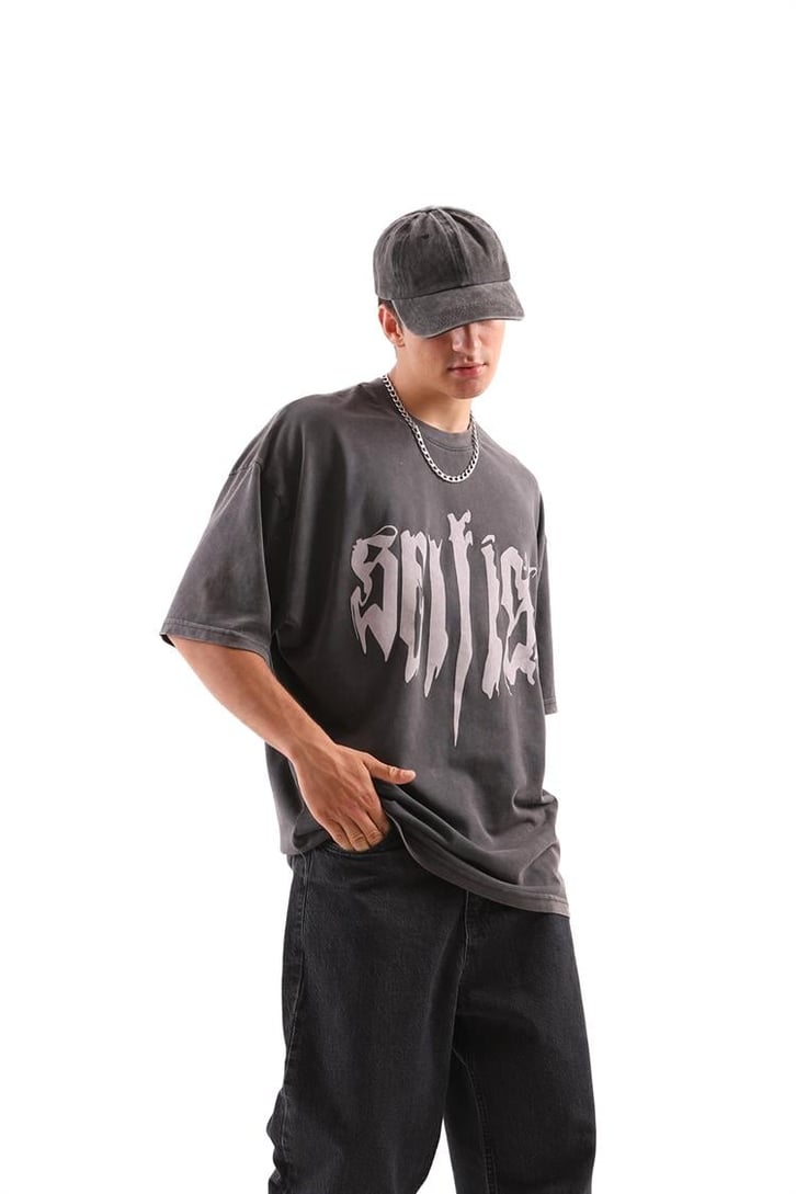 Text Baskılı Acid Wash Tshirt