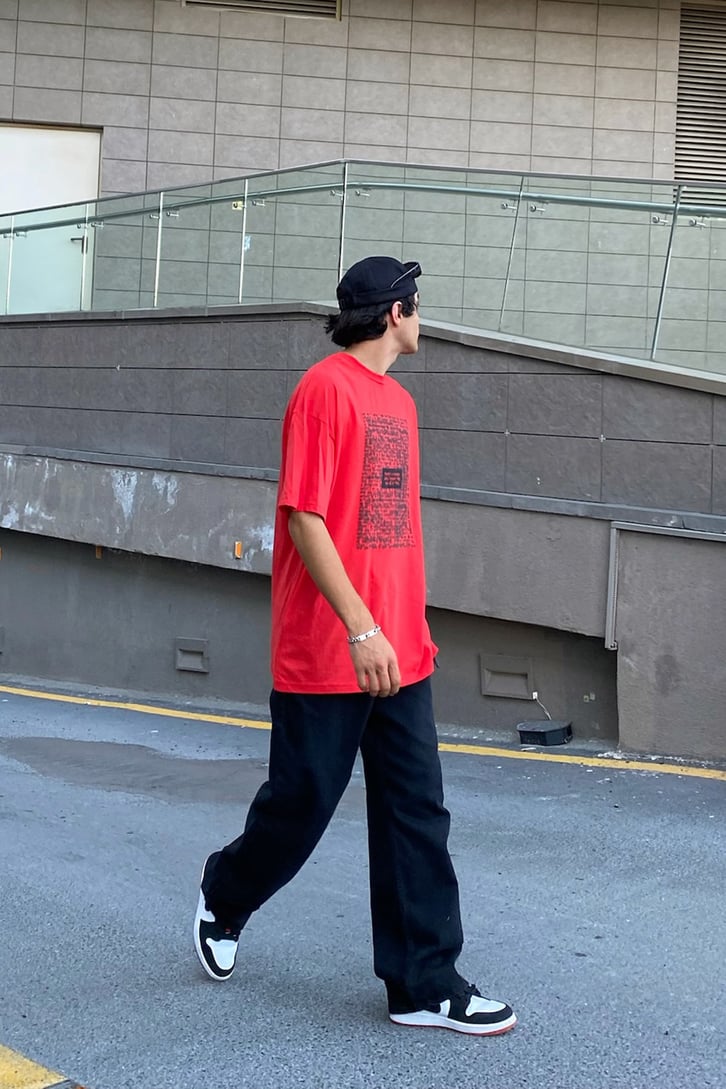 Text Baskılı Kırmızı Oversize Tshirt