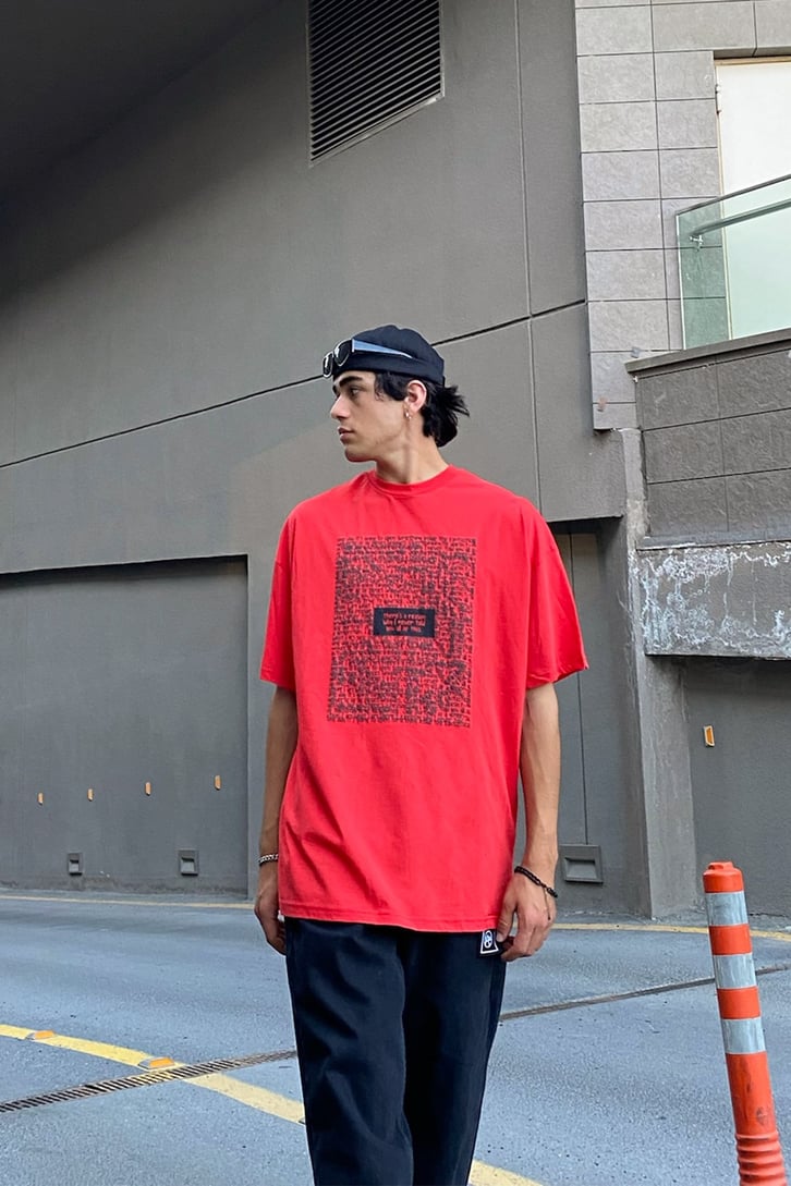 Text Baskılı Kırmızı Oversize Tshirt